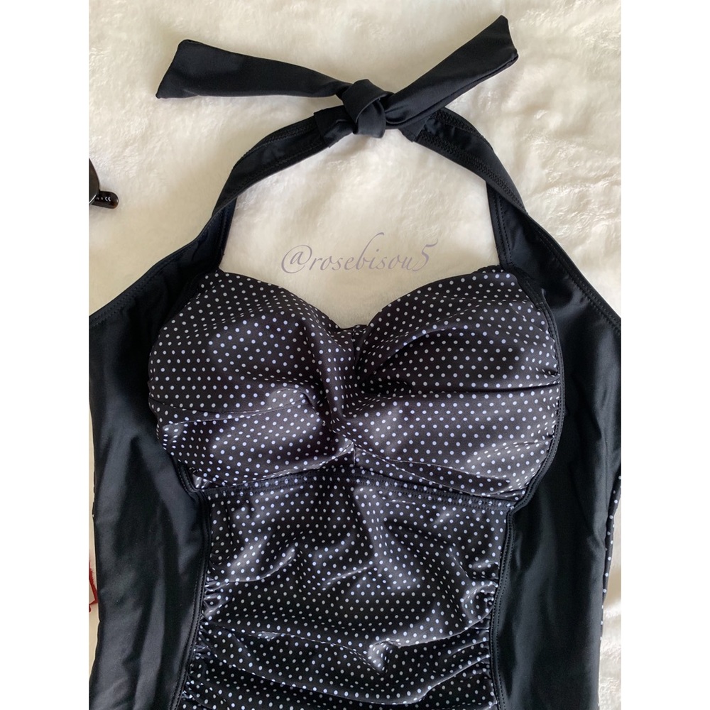 Retro PinUp Style One Piece Swimsuit Black + White - Picture 2 of 7